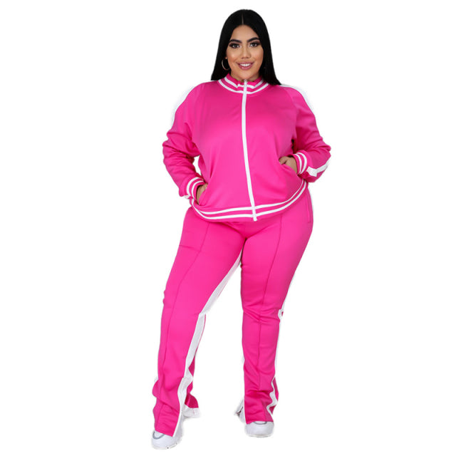 Women Sweatsuit Zip Striped Top Slit Sweatpants Jogger Set