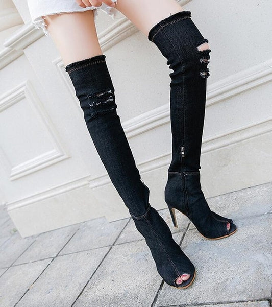 Women High Heel Peep Toe Over The Knee Stiletto Jeans Boots