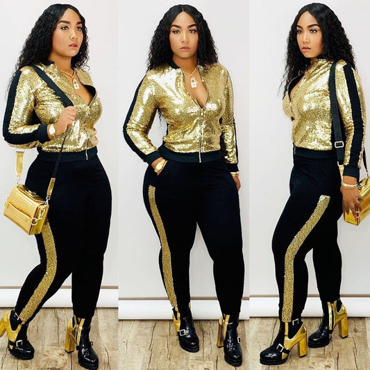 Women Long Sleeve Jacket Pants Sparkly Set