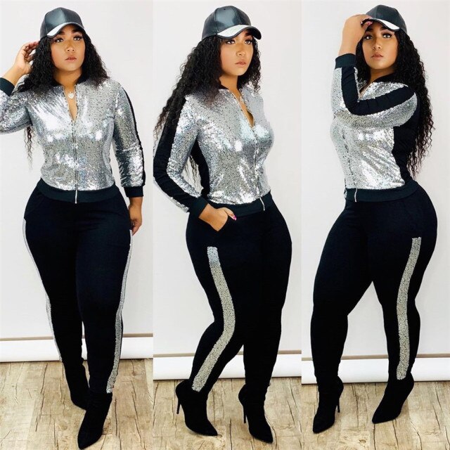 Women Long Sleeve Jacket Pants Sparkly Set