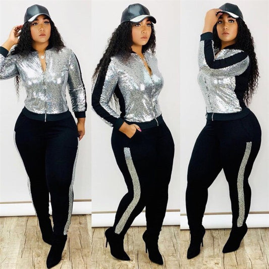Women Long Sleeve Jacket Pants Sparkly Set