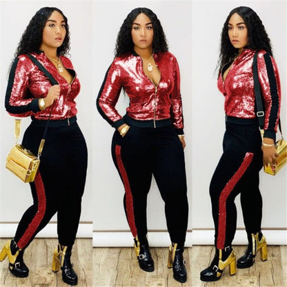 Women Long Sleeve Jacket Pants Sparkly Set