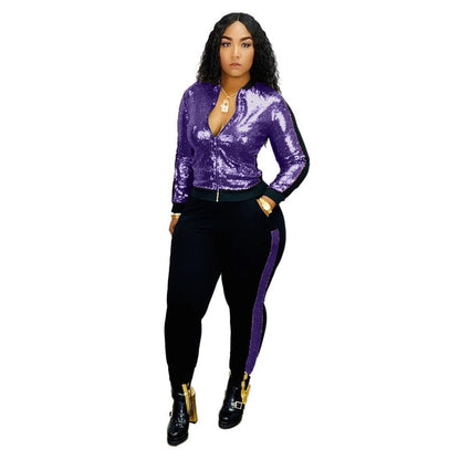 Women Long Sleeve Jacket Pants Sparkly Set