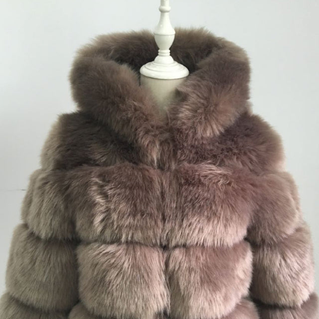 Women High Quality Cropped Faux Fur Fluffy Hooded Coat