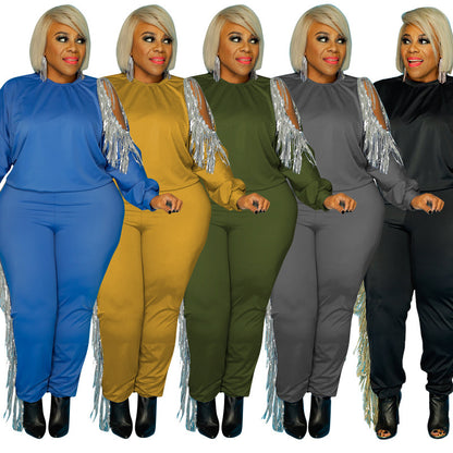 Plus Size Two Piece Tassel Sweatsuit Stretch Solid Jogger Set