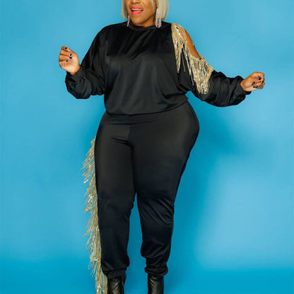 Plus Size Two Piece Tassel Sweatsuit Stretch Solid Jogger Set