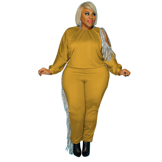 Plus Size Two Piece Tassel Sweatsuit Stretch Solid Jogger Set