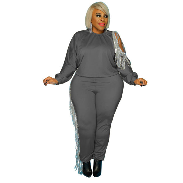 Plus Size Two Piece Tassel Sweatsuit Stretch Solid Jogger Set