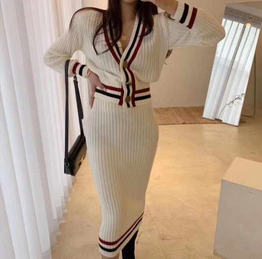 Women V-neck Knitted Sweater + High Waist Bodycon Skirt
