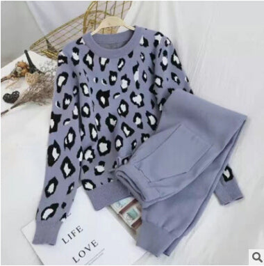 Women Long Sleeve Knit Leopard Pullover Sweaters+Elastic Waist Pant Sets