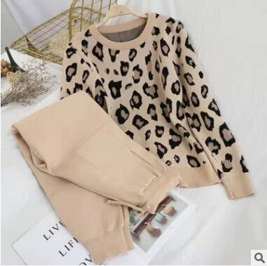 Women Long Sleeve Knit Leopard Pullover Sweaters+Elastic Waist Pant Sets