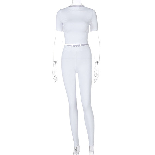 Women Two Piece Short Sleeve Gym Top Crop Legging Skinny Tracksuit