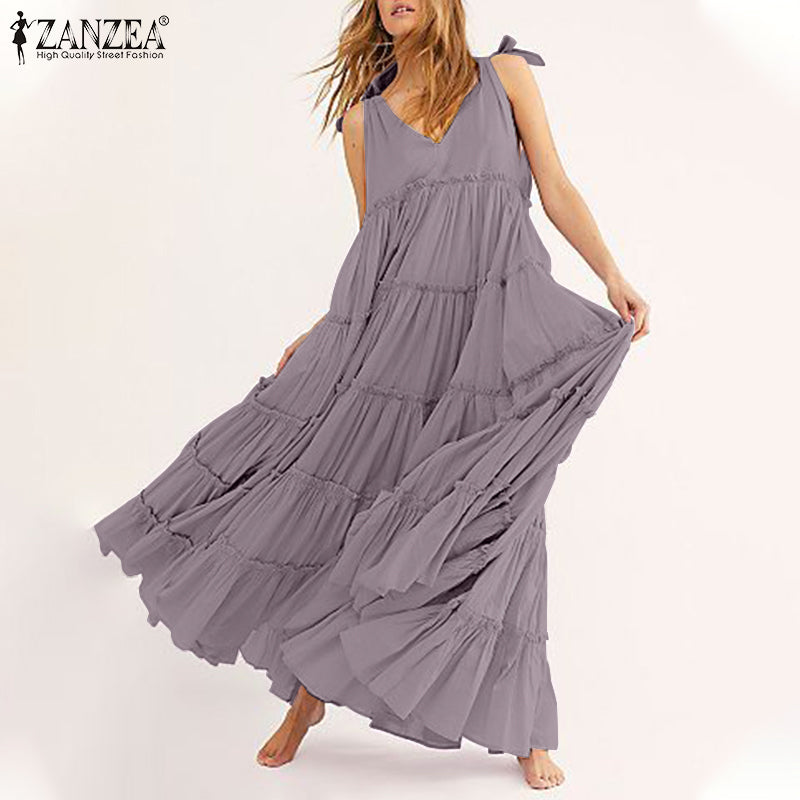 Women Bohemian Ruffle Casual Spaghetti Strap Dress