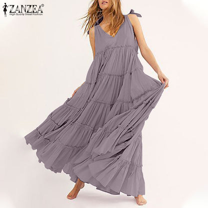 Women Bohemian Ruffle Casual Spaghetti Strap Dress