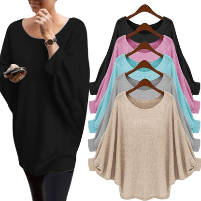 Batwing Long Sleeve O Neck Loose Solid Color Sweater