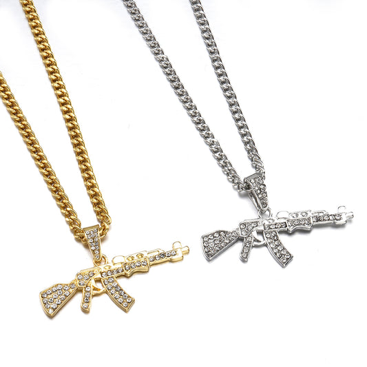 Women Gun Pendant Crystal Rhinestone Chain Necklace