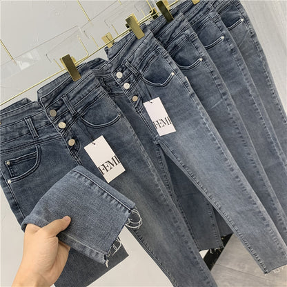 Women High Waist Denim Stretch Skinny Slim Grey Pencil Pants