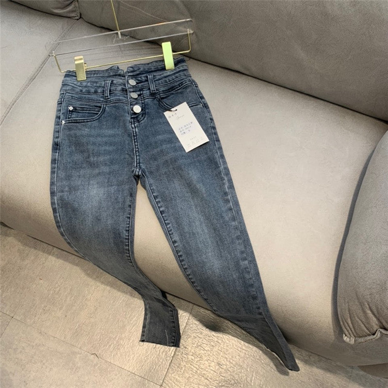 Women High Waist Denim Stretch Skinny Slim Grey Pencil Pants