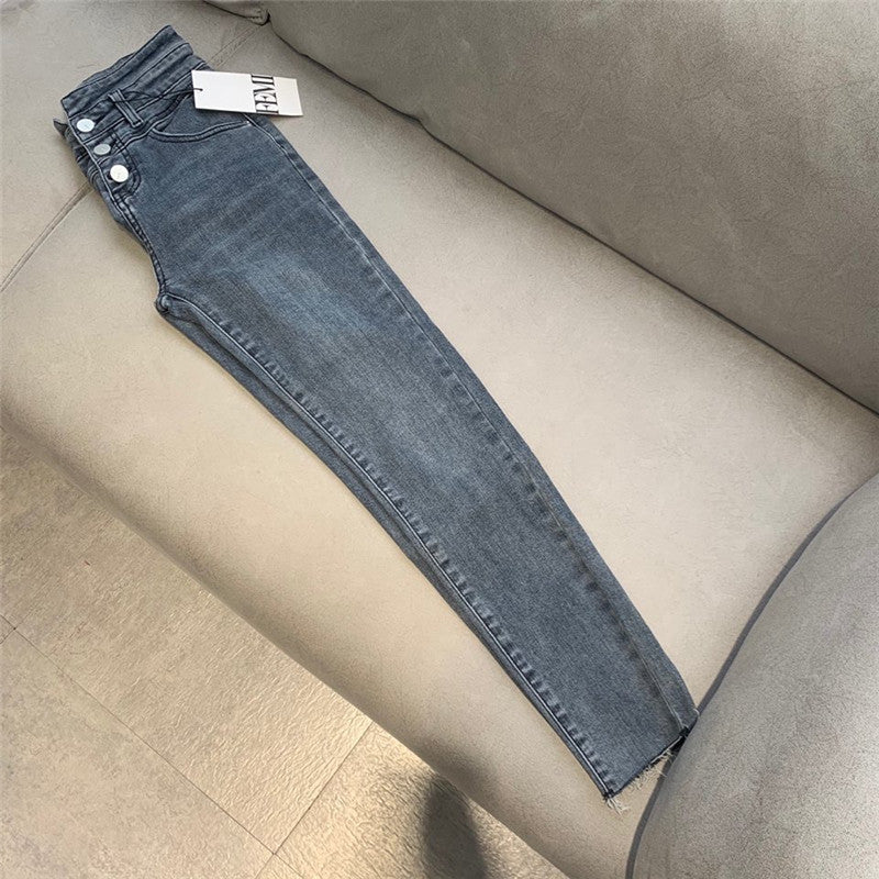 Women High Waist Denim Stretch Skinny Slim Grey Pencil Pants