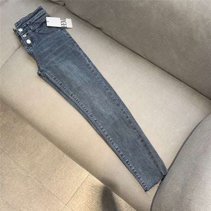 Women High Waist Denim Stretch Skinny Slim Grey Pencil Pants