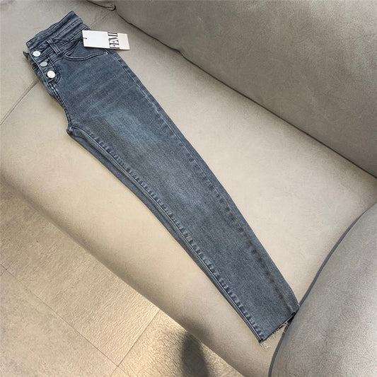 Women High Waist Denim Stretch Skinny Slim Grey Pencil Pants