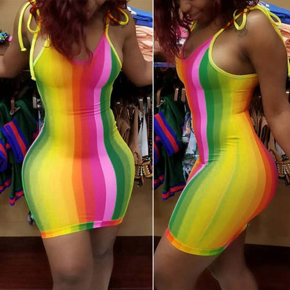 Women Tie Up Straps Summer Rainbow Stripe Bodycon Dress