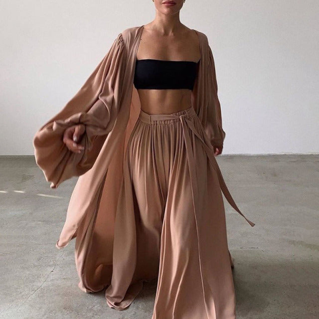 Women Slim Vest Lantern Sleeve Coat Wide Leg Loose Pant Sets