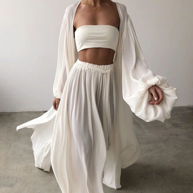 Women Slim Vest Lantern Sleeve Coat Wide Leg Loose Pant Sets