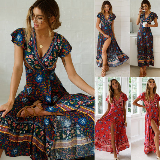 Women Floral Short Sleeve Boho Maxi Long Split Dress