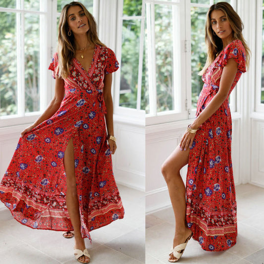 Women Floral Short Sleeve Boho Maxi Long Split Dress