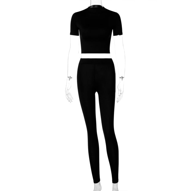 Women Two Piece Short Sleeve Gym Top Crop Legging Skinny Tracksuit