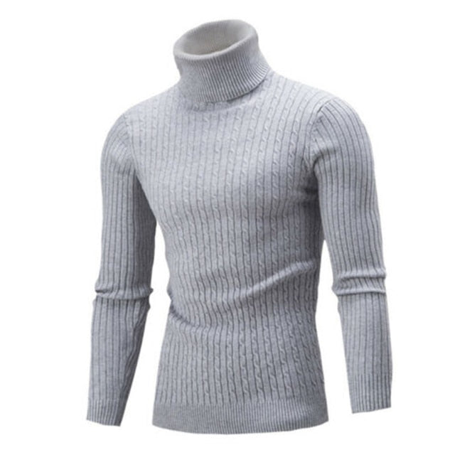 Men Winter Solid Color Turtle Neck Long Sleeve Twist Knitted Slim Sweater
