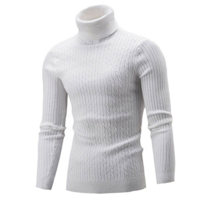 Men Winter Solid Color Turtle Neck Long Sleeve Twist Knitted Slim Sweater