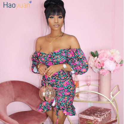 Women Sexy Plus Size Floral Bodycon Mini Elegant Off Shoulder Dress