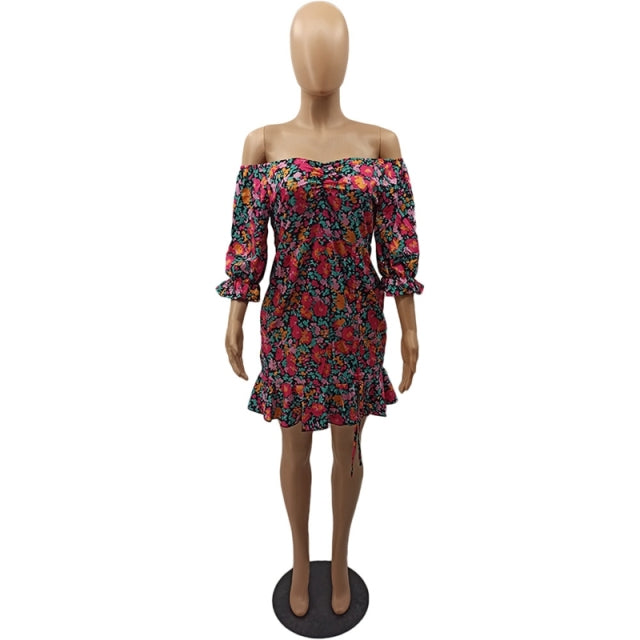 Women Sexy Plus Size Floral Bodycon Mini Elegant Off Shoulder Dress