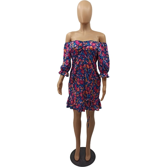 Women Sexy Plus Size Floral Bodycon Mini Elegant Off Shoulder Dress