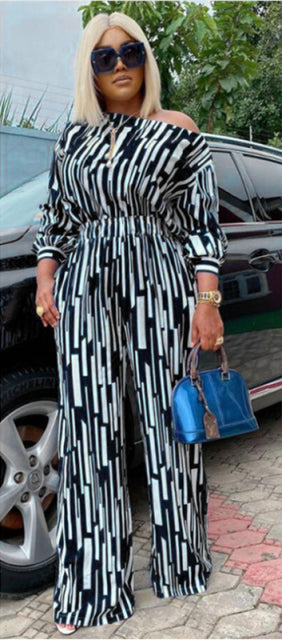 Women Two Piece Wide Leg Pant Strip Elegant Set