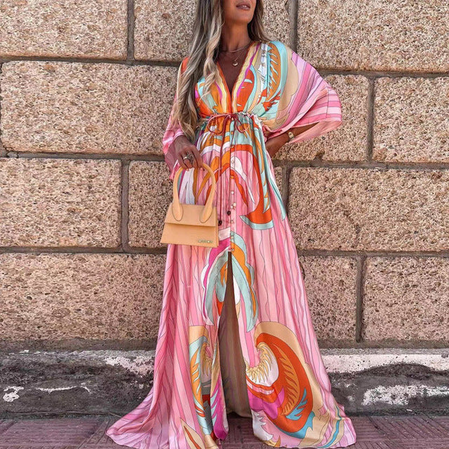 Women Elegant Deep V Neck Printing Hem Maxi Dress