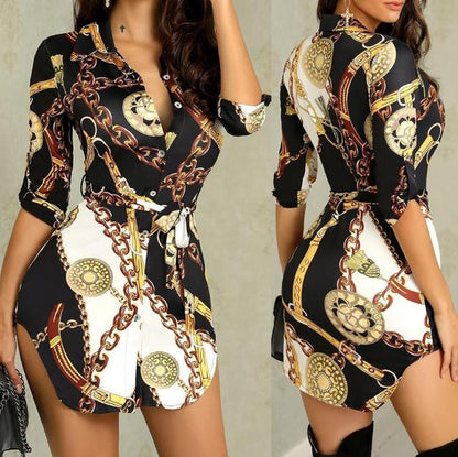 Women Fashion Chain Print Stand Collar Shirt Casual Dress
