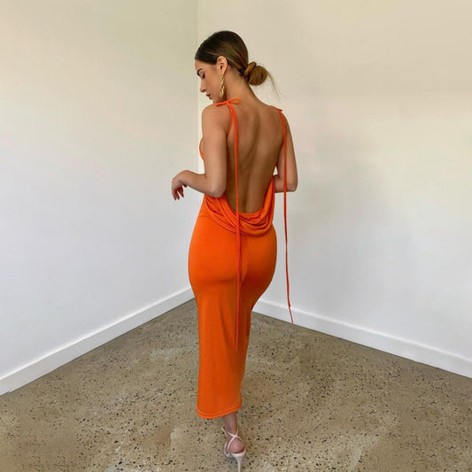 Women Elegant Spaghetti Strap Sexy Backless Draped Maxi Dress