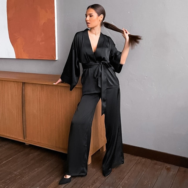 Women 2 Piece Satin Pants Loose Pajamas Casual Sleepwear