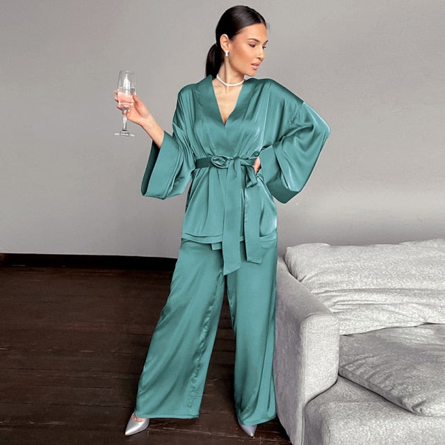 Women 2 Piece Satin Pants Loose Pajamas Casual Sleepwear