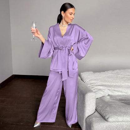 Women 2 Piece Satin Pants Loose Pajamas Casual Sleepwear