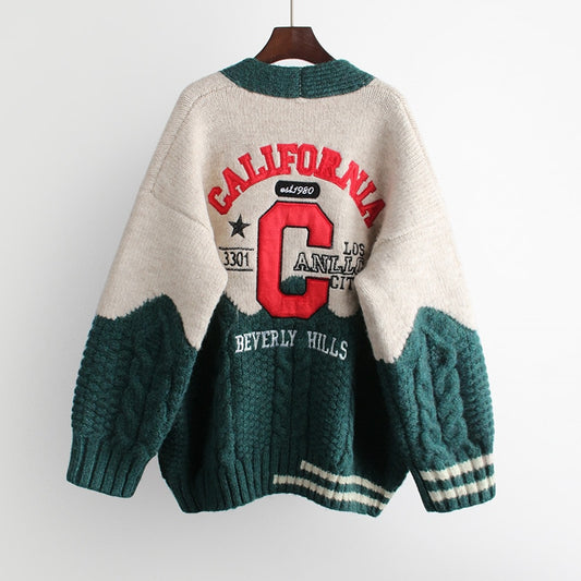 Women Oversized Cardigans V Neck Letters Embroidery Casual Loose Sweater