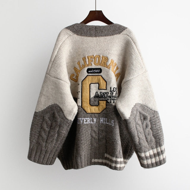 Women Oversized Cardigans V Neck Letters Embroidery Casual Loose Sweater