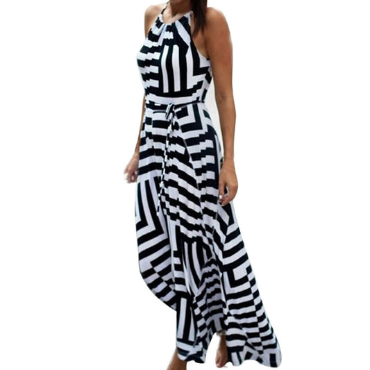 Women Sexy Boho Maxi Long Evening Striped Print Maxi Long Dress