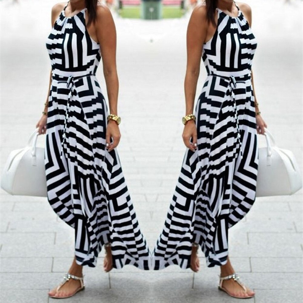 Women Sexy Boho Maxi Long Evening Striped Print Maxi Long Dress