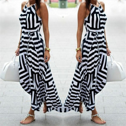 Women Sexy Boho Maxi Long Evening Striped Print Maxi Long Dress