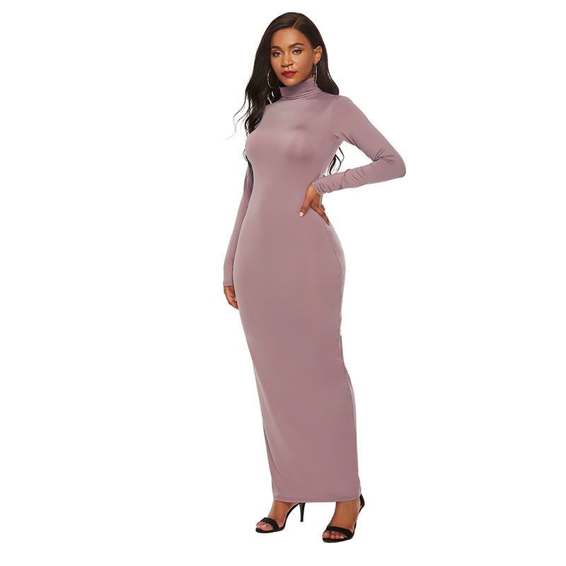 Women Turtleneck Long Sleeve Maxi Solid Color Dress