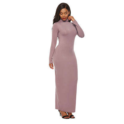 Women Turtleneck Long Sleeve Maxi Solid Color Dress